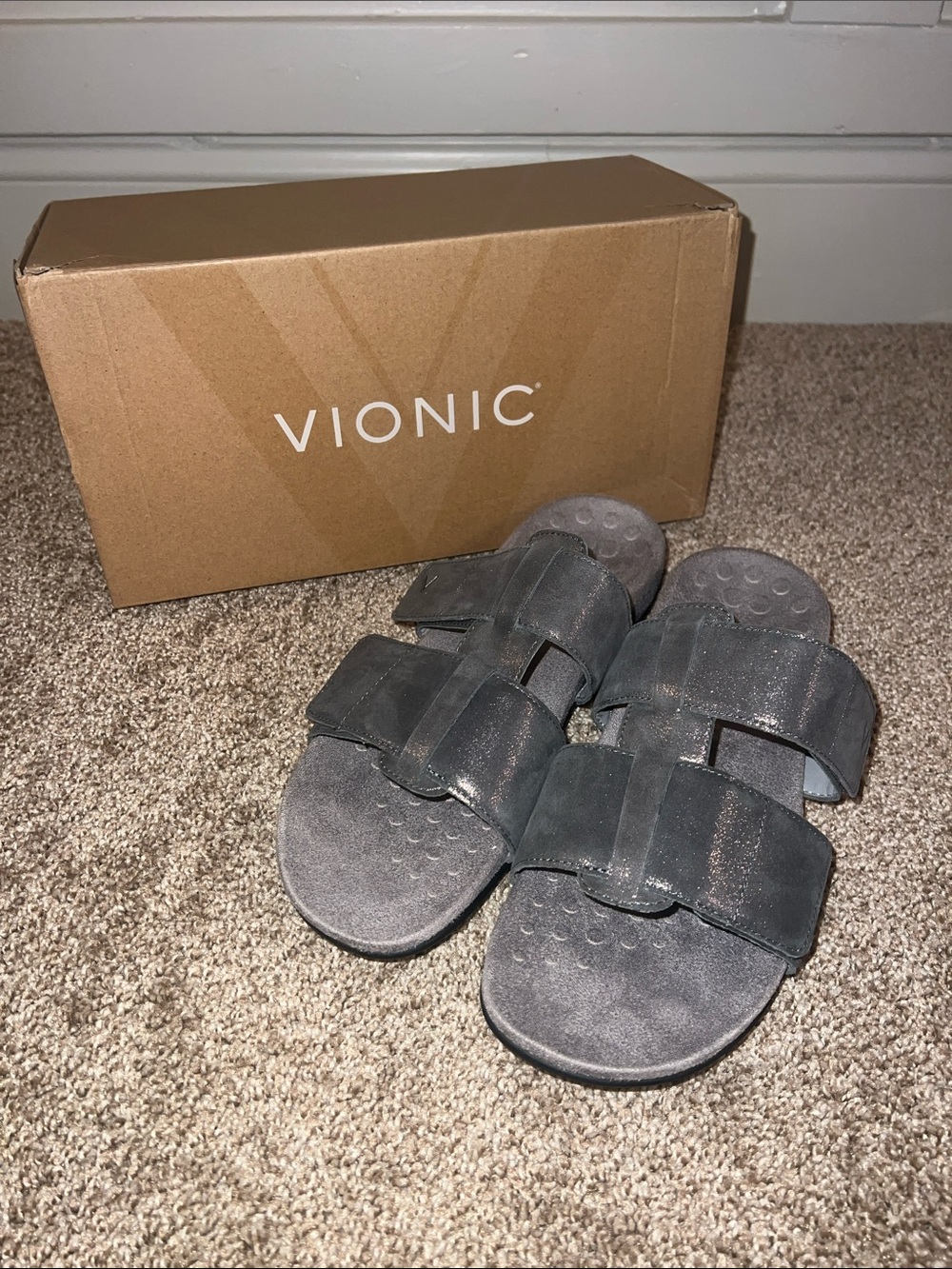 Vionic Women's Double Strap Slide Sandals in Pewter Metal